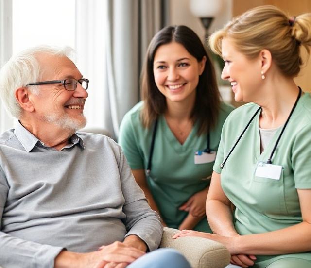 Zwei lächelnde Pflegekräfte der SOKO GmbH in Thüringen im Gespräch mit einem Patienten in seinem Zuhause.